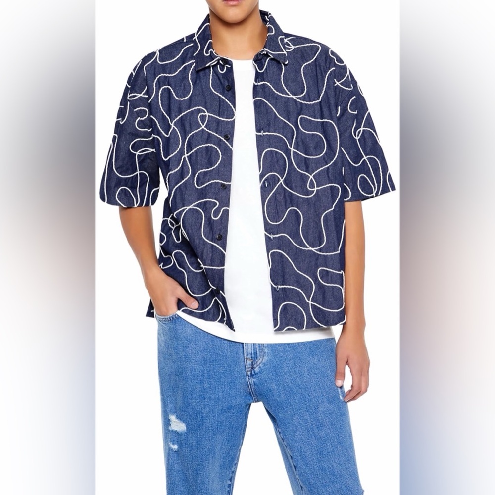 Forever 21 Men’s Dark Blue Denim Shirt with White Chain Embroidered Size XXL NWT